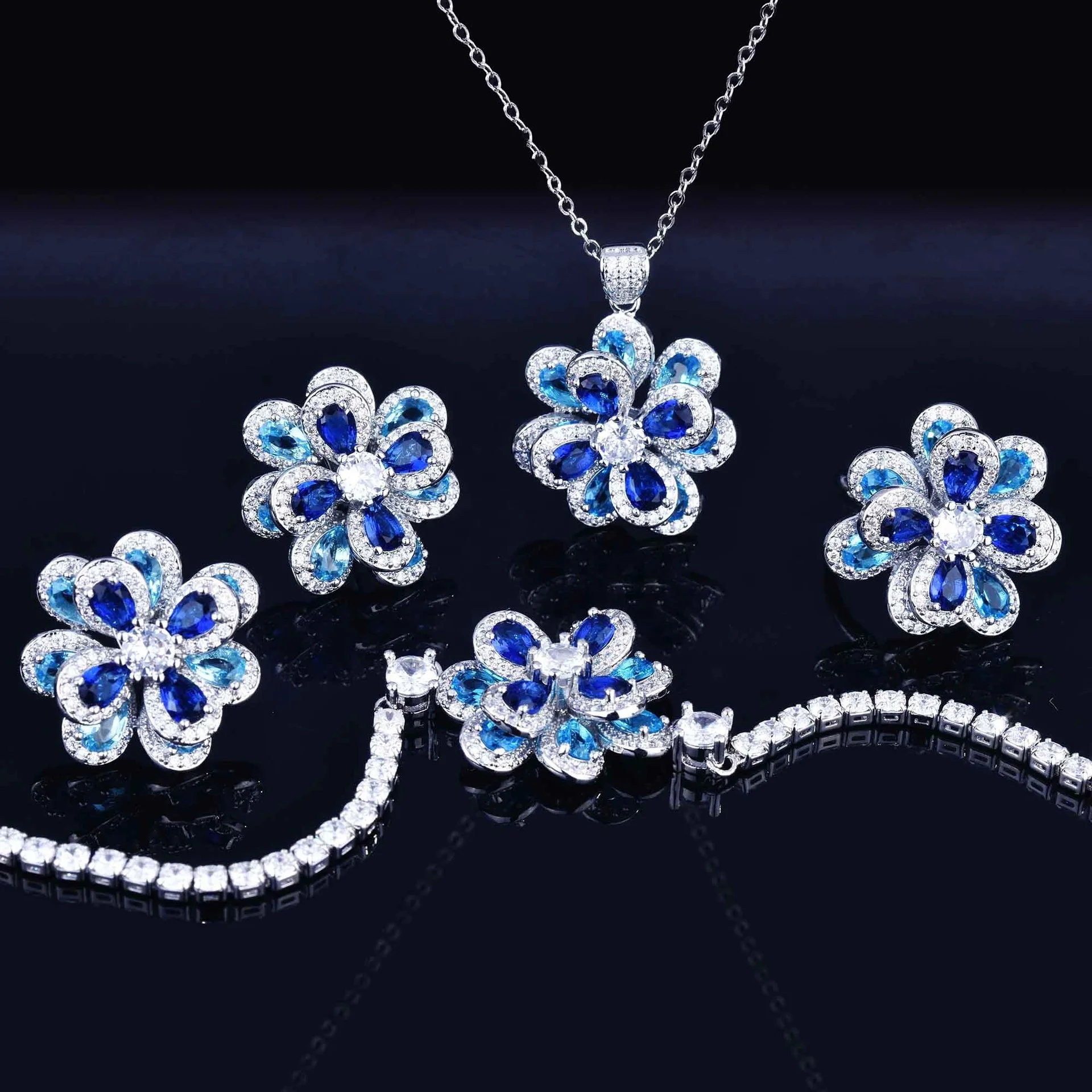 

Women Fashion Jewelry Exquisite Blue CZ Zircon Flower Jewelry Set Ring/Earring/Necklace/Bracelet, Customized color