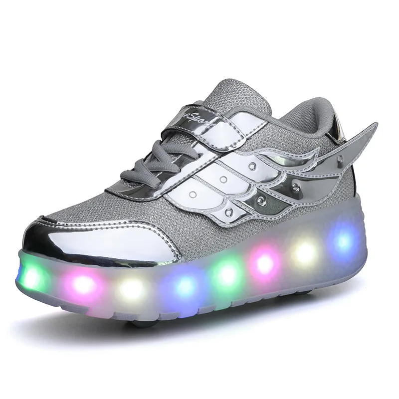 

Children Breathable Upper Durable TPR Sole Pink Double wheels Kids Wing Roller Shoes LED Light USB charging Roller Skating Shoes