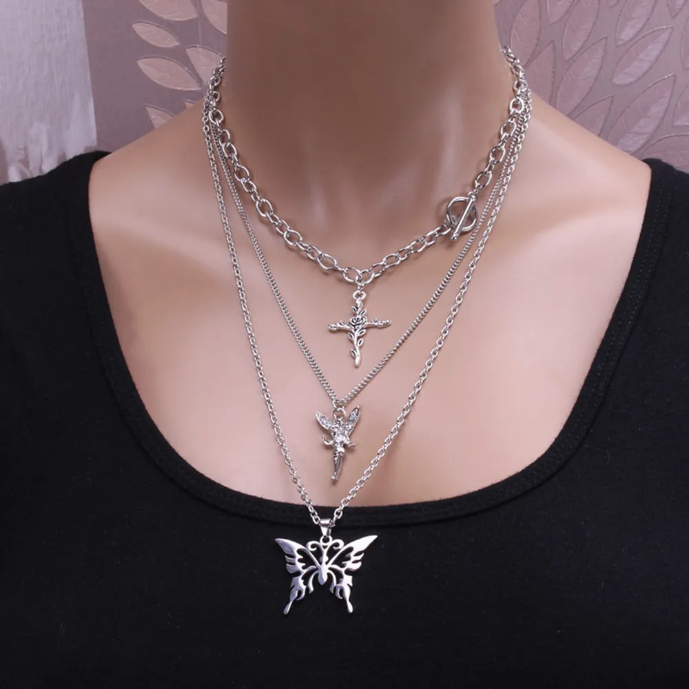 

European and American Jump Deer Multi layered Angel Rose Butterfly Necklace Sets Personalized Hip Hop Necklace