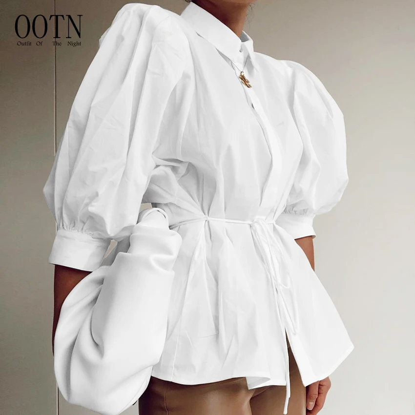 

OOTN Female Top Lace Up Three Quarter Lantern Sleeve Blouse Ladies 2021 Spring Turn Down Collar Office Blouse Cotton White Shirt