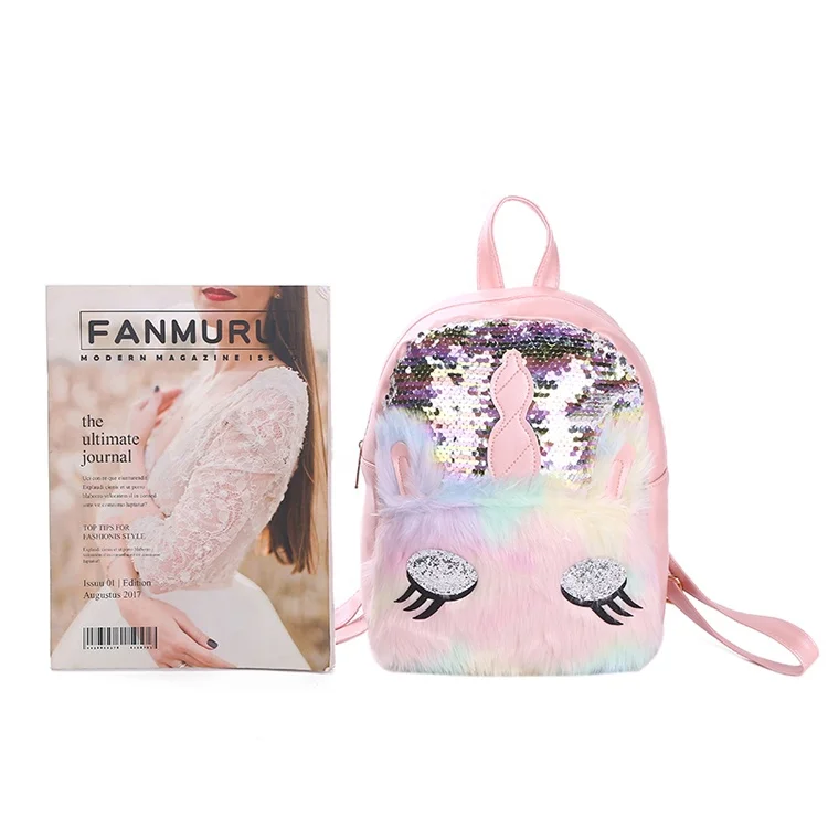 

Reversible Sequin Unicorn Soft Plush cute School Backpack For Girls, Pink, black,golden