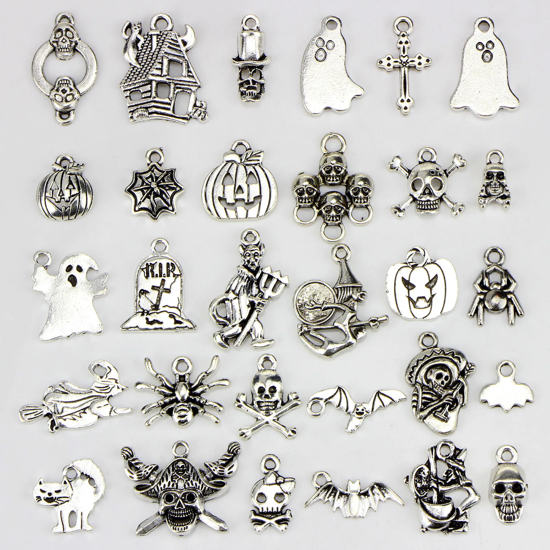 

BOO! 30 Pc HALLOWEEN Charm Set Antique Silver Mixed Collection, As picture