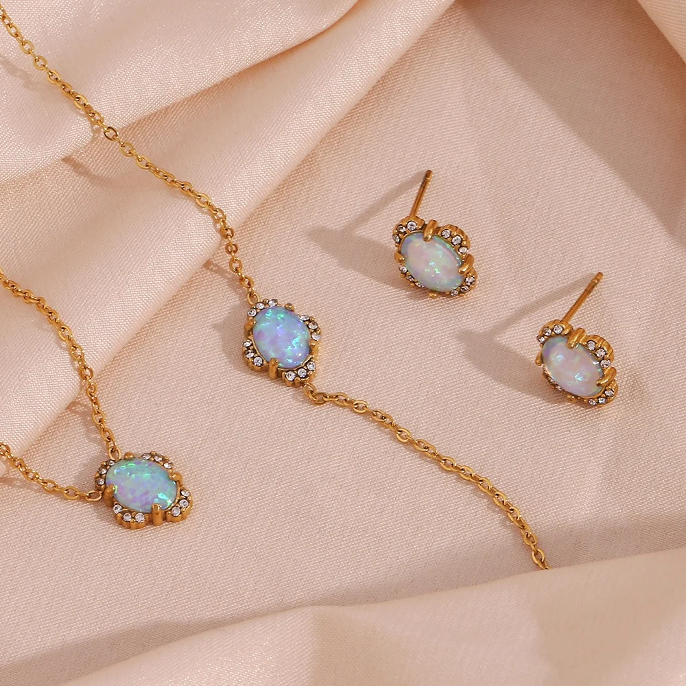 

Elegant Oval Opal Necklace Stainless Steel Jewelry Set For Women 18K Gold Plated Necklace Bracelet Earring