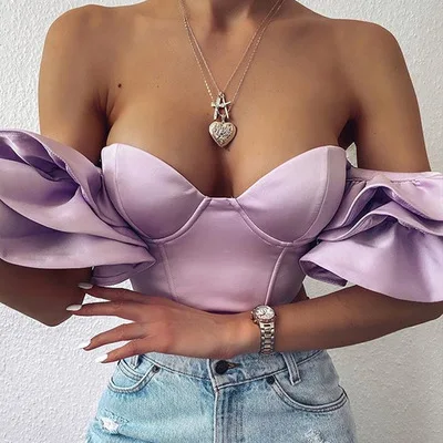 

B50682A 2020 Summer new women stylish ruffled sleeve sexy off shoulder crop top, Purple/pink