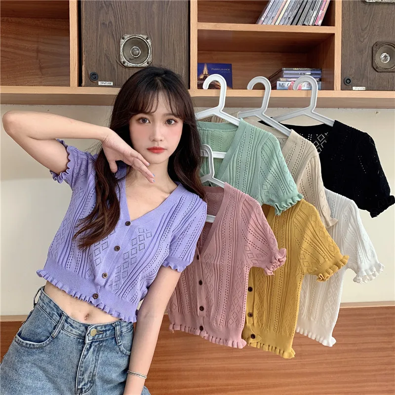 

Free Size V Neck Button Girls Ladies Sweet Short Sleeve Summer Thin Knitted Knit Cropped Tops Tshirts Cute Sweet T-shirts Women