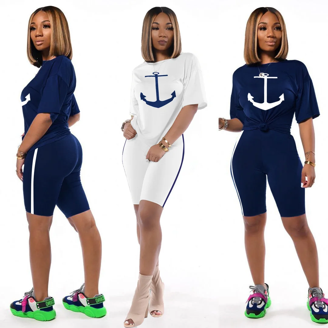 

Two Piece Set Tracksuit Women T Shirt Top Biker Shorts Set 2 Piece Set Womens Outfits Anchor Print Sweat Suits Ensemble Femme