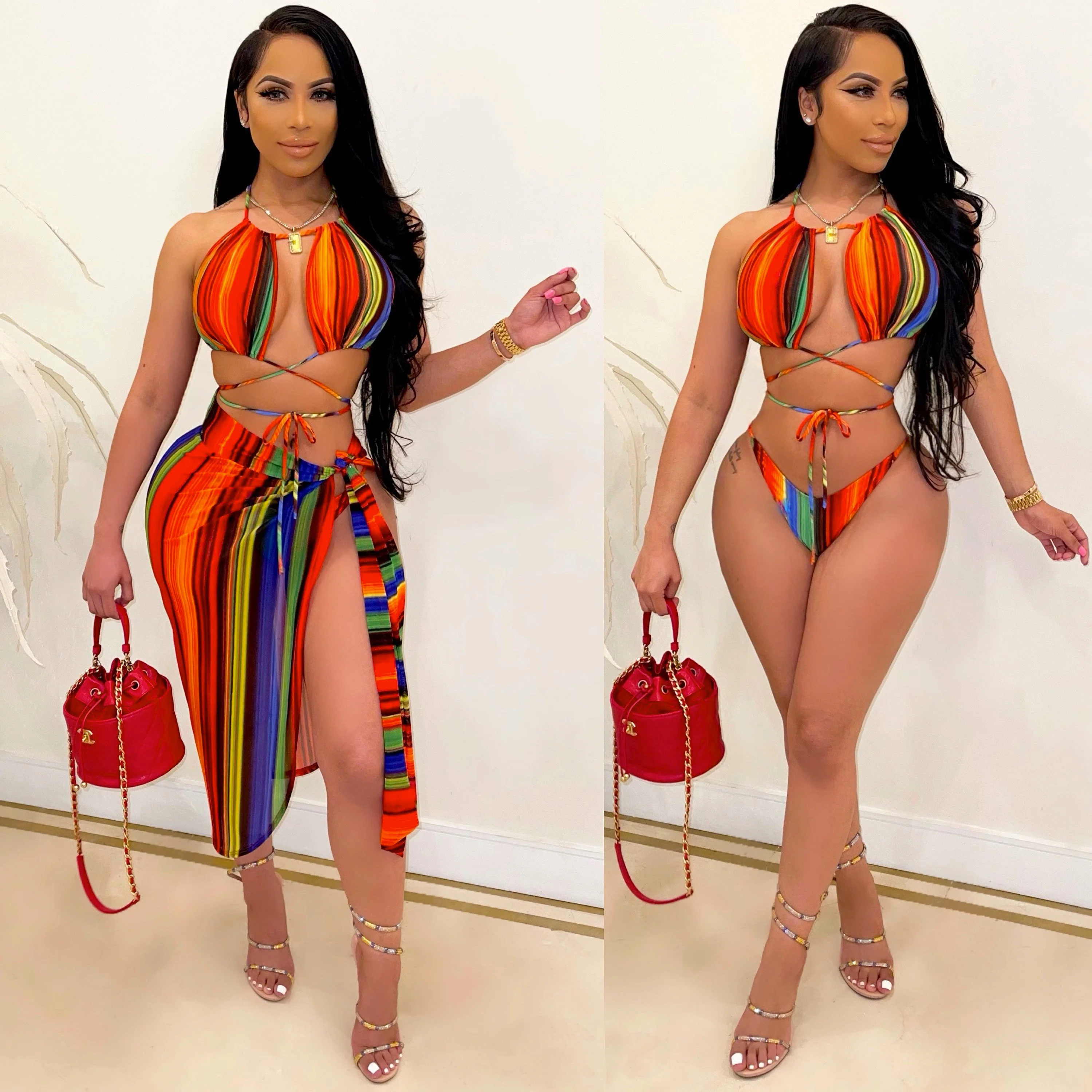 

2021 summer swimsuit 3 Piece Bikini suit jacket and bottom band printing design sexy luxury swimsuit