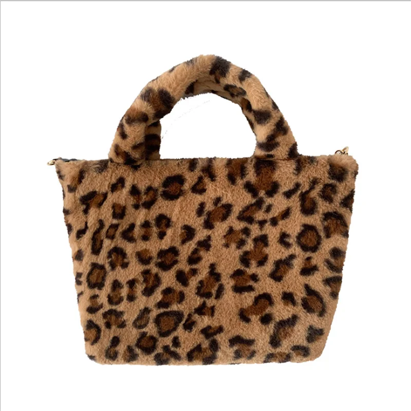

Women Leopard Print Clutch Handbag HF1001409 Plush Faux Fur bucket bag Gold Metal Chain Shoulder Crossbody Purse