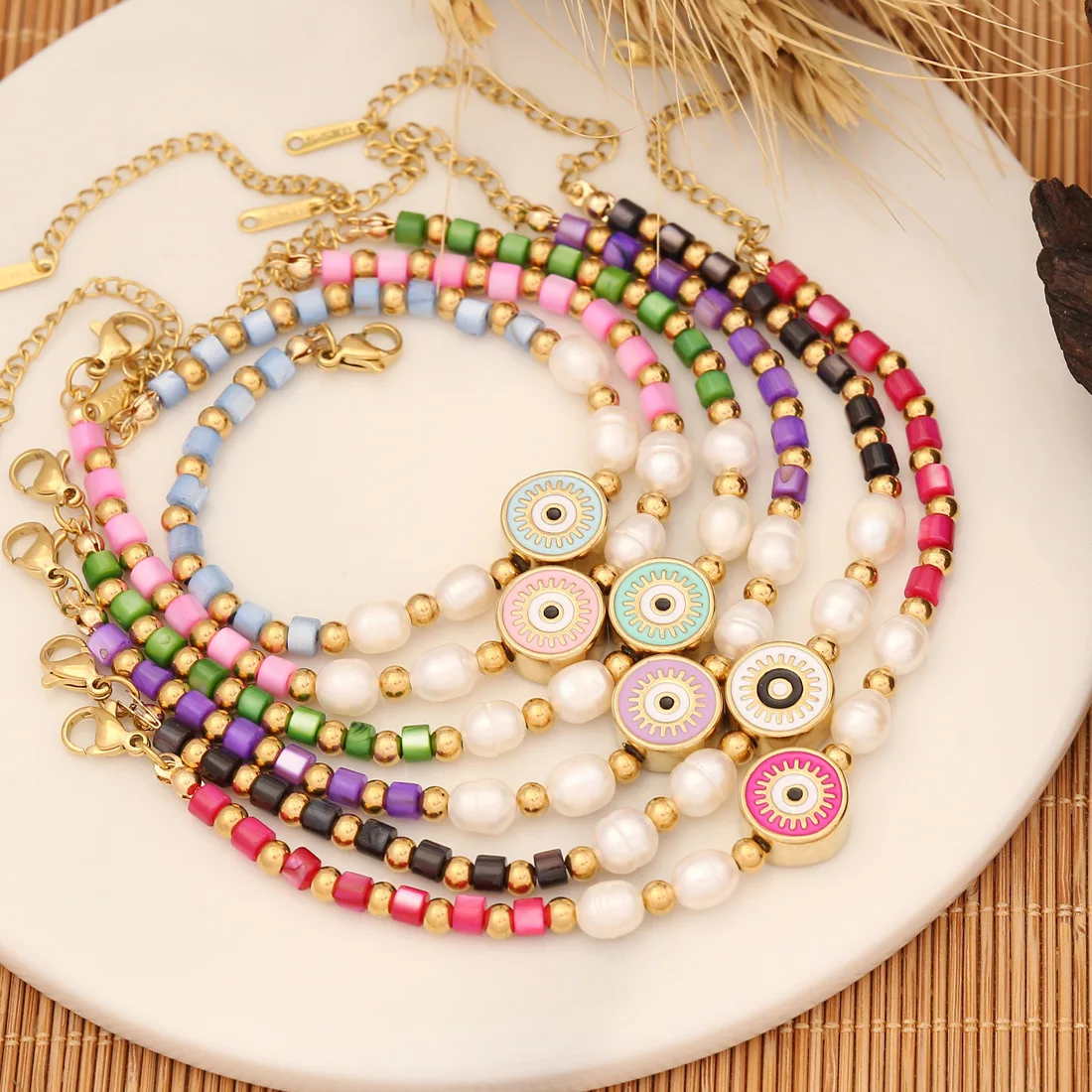 

2023 New Women Fashion Stainless Steel Natural Stone Pearl Shell Bracelet 18k Gold Adjustable Eye Bracelet