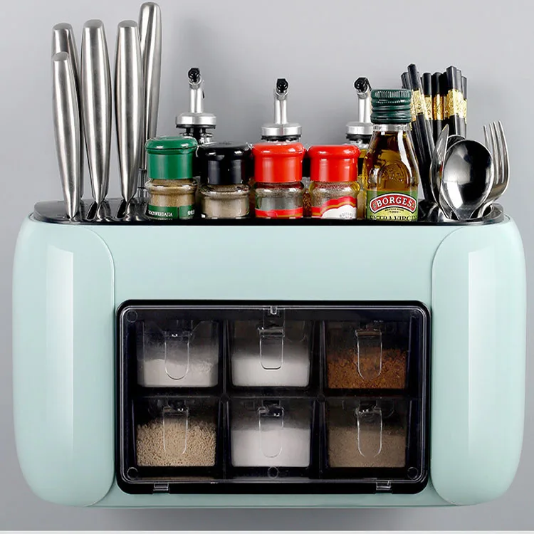 

Wholesale Practical Combination Kitchen Open Shelf Double Spice Multifunctional Kitchen Seasoning Set Box Mix Tool Holder Rack, Pink, gray, blue, green