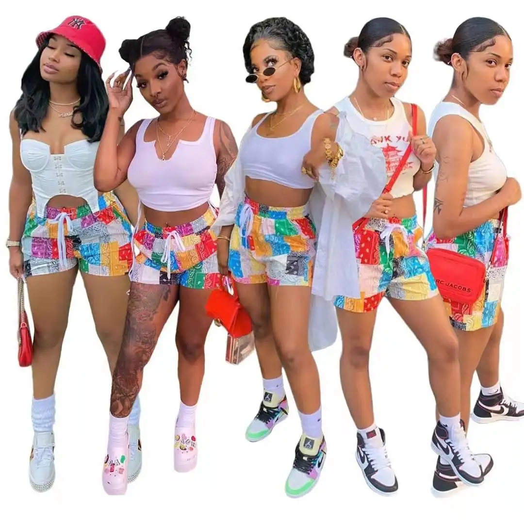 

Summer 2021 wholesale vintage paisley bandana patchwork women short pants loose beach shorts cozy lounge wear, 2 colors as picture