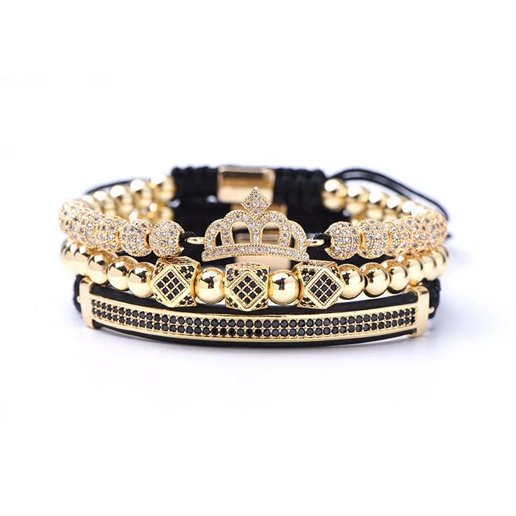 

New Design Stainless Steel Bead Luxury Gold Bracelet Set Mens Crown Bracelet