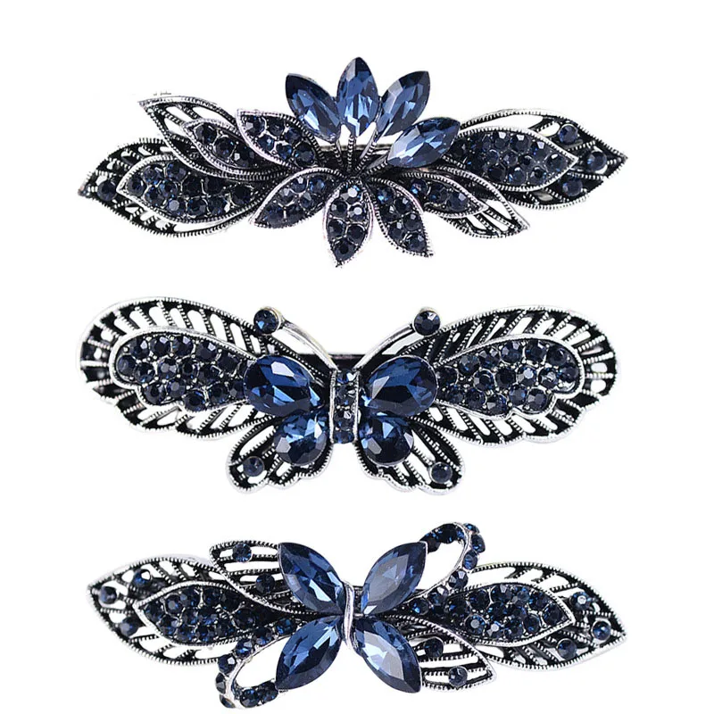 CHF842A Hot Selling Vintage Fashion Blue Rhinestones Barrettes Fashion Flower Butterfly Barrette Hair Accessories