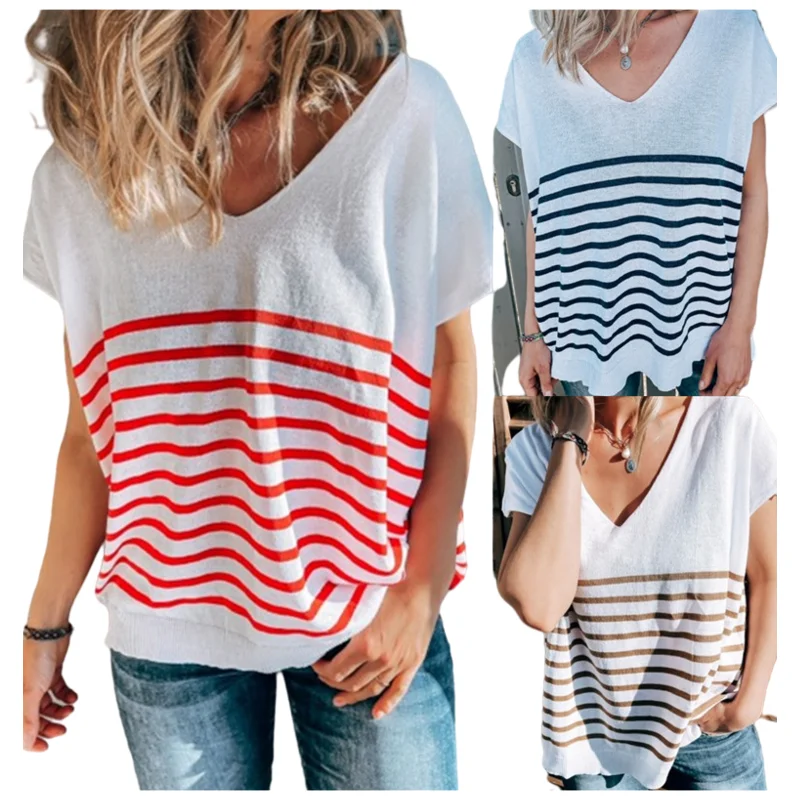 

2021 Temperament New Summer V-neck Striped Knit Thin Top Europe and America