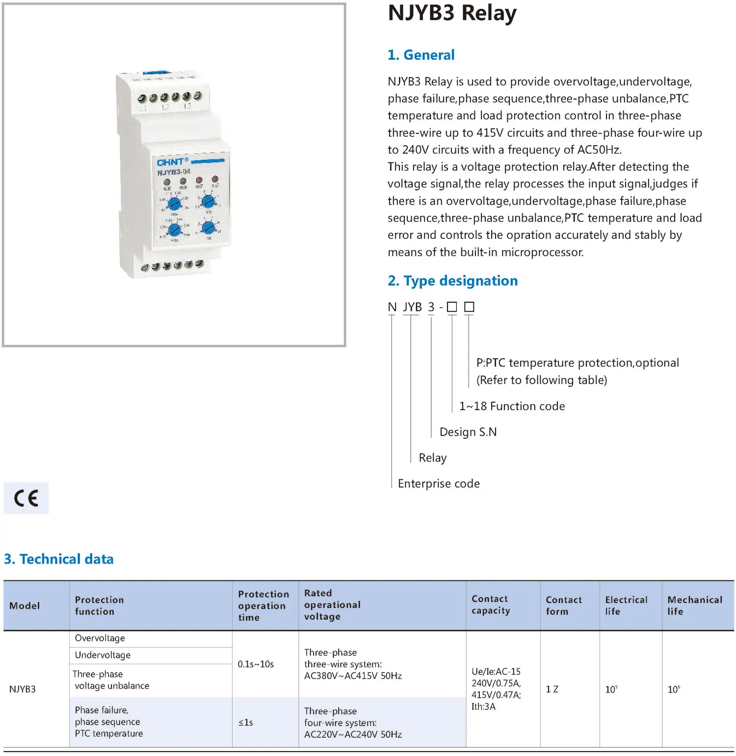 Chint original NJYB3 Overvoltage Undervoltage Phase failure Phase sequence Three phase unblance PTC temperature protection Relay