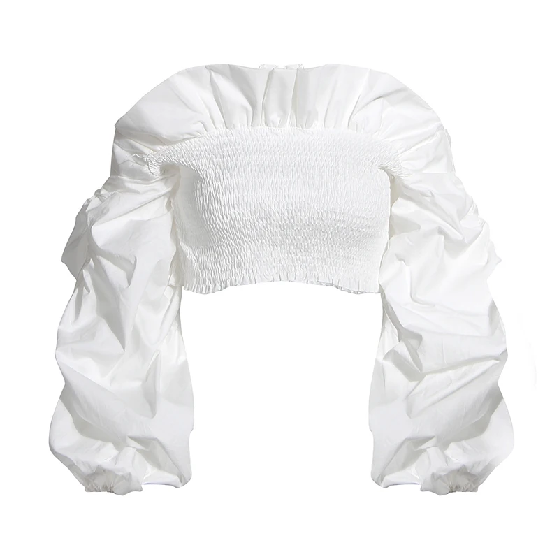 

CHICEVER Vintage Ruffles Women Blouse Lantern Sleeve Short Shirt Causal 2020 NEW Fashion