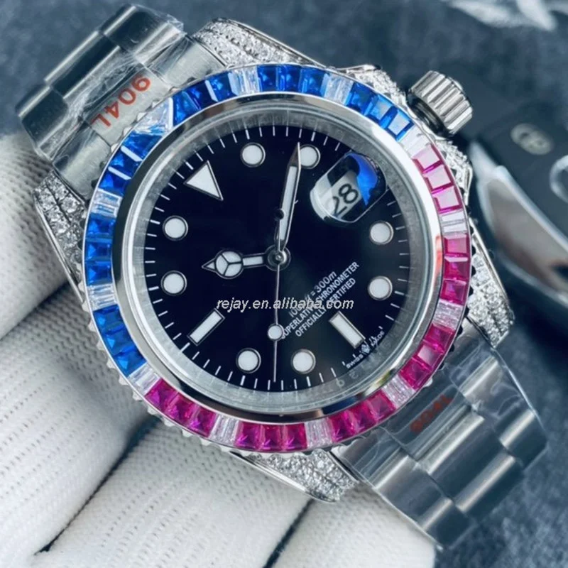 

Automatic Mechanical Men's Watch Rubber Strap Size 40mm Rainbow Diamond Bezel Calendar Display Movement Luminous Watch