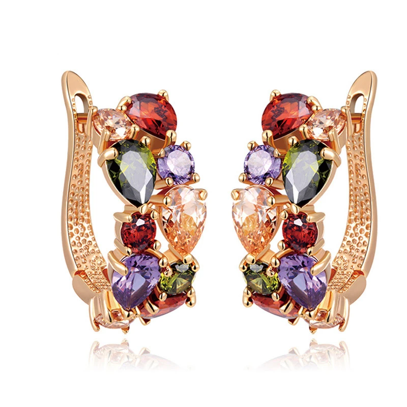 

High Quality Gold Plated Luxury Copper Colorful Flower Zircon Earrings, As picture