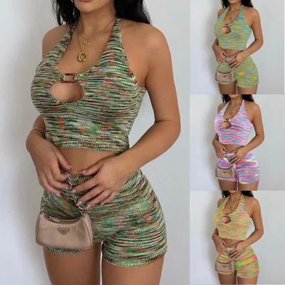 

2021 Wholesale Casual Knitted Rainbow Halter Cut Out Crop Top and Skirts Shorts Two pieces Set For Women