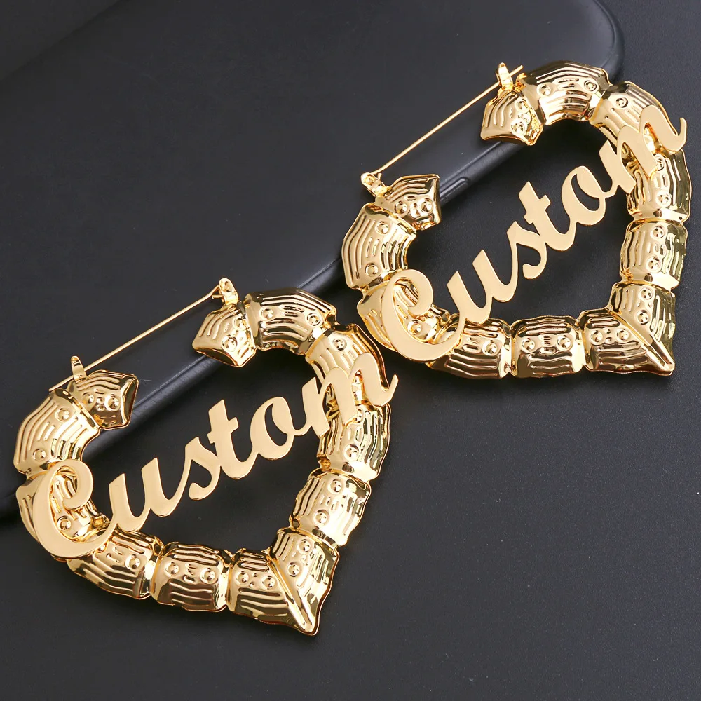 

Personalized Women Stainless Steel Name Earring Heart Shape Bamboo Hoop Earrings, Picture