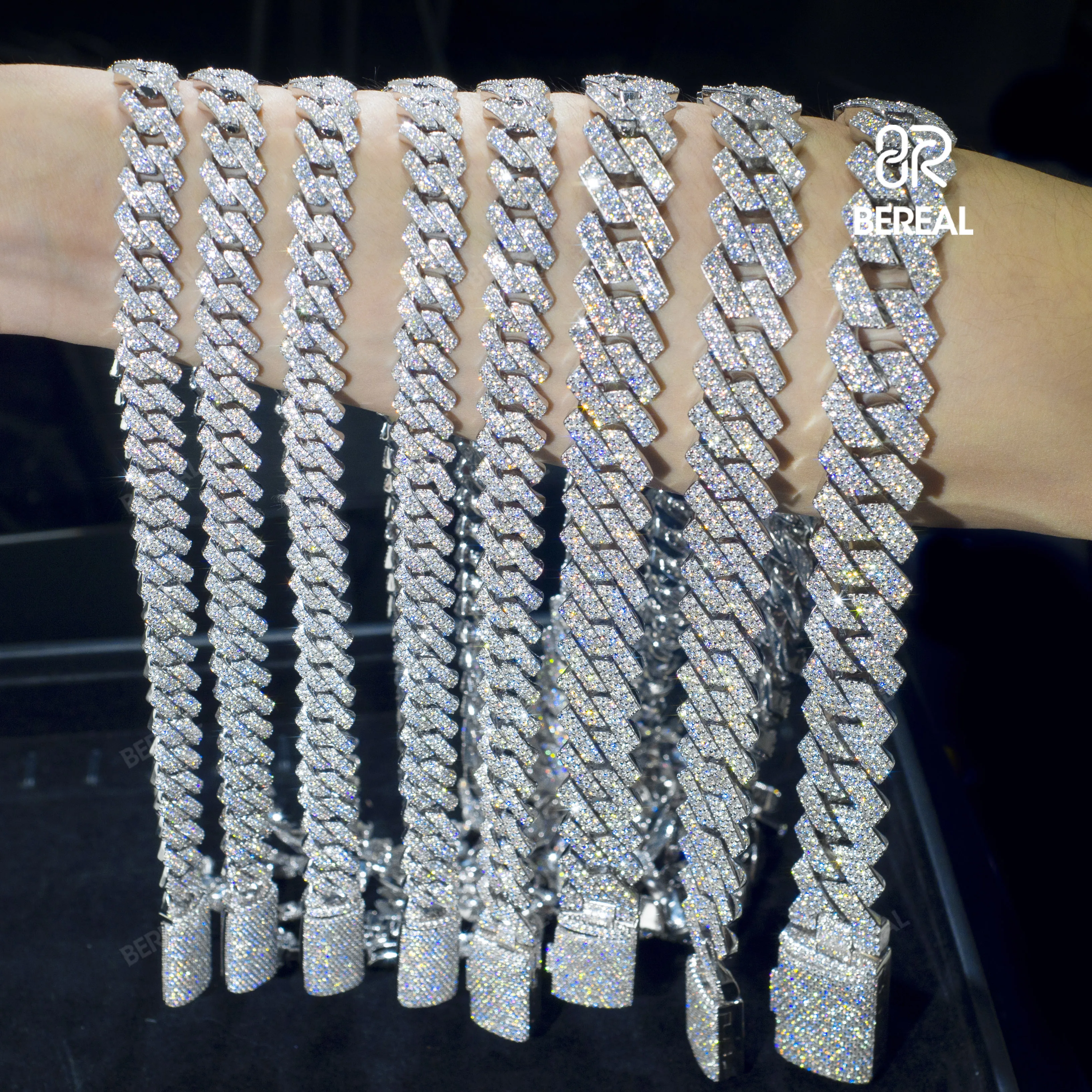 

Wholesale 22MM Vvs Moissanite Cuban Chain Necklace Pass Diamond Test Baguette Cut Diamond 925 Silver Bracelet For Men Women