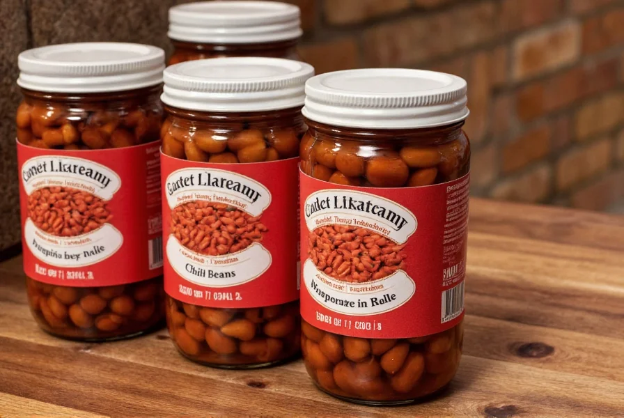 Properly sealed jars of canned chili beans with labels showing processing date and contents