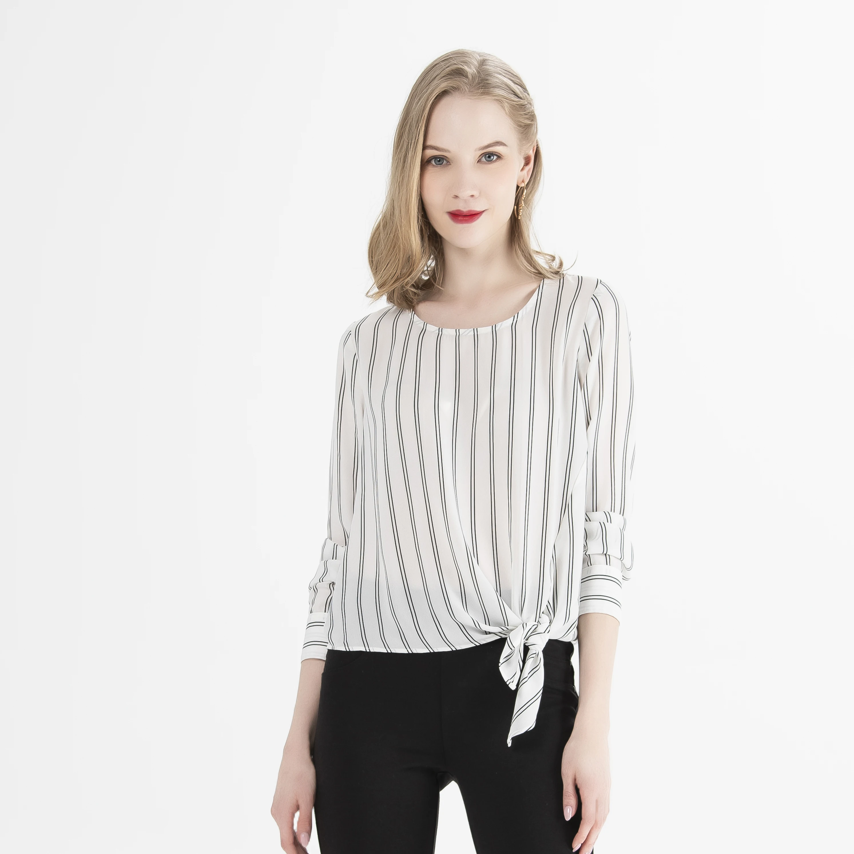 

Lady Round Neck Long Sleeve Stripes Elegant Casual Formal design Women Tops Shirt Blouses