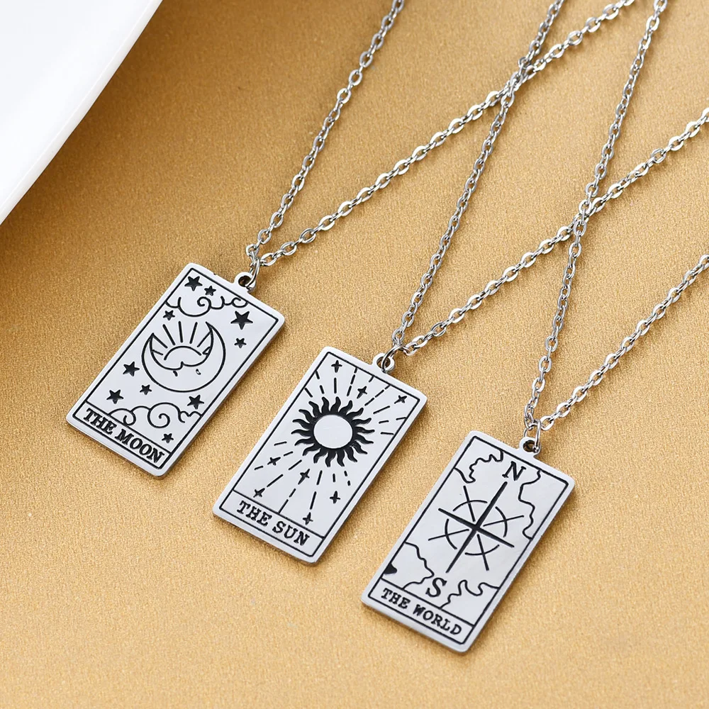 

High Quality 316L Stainless Steel Zodiac Card Necklace Star Moon Sun Fortune Link Chain Necklace For Best Friend