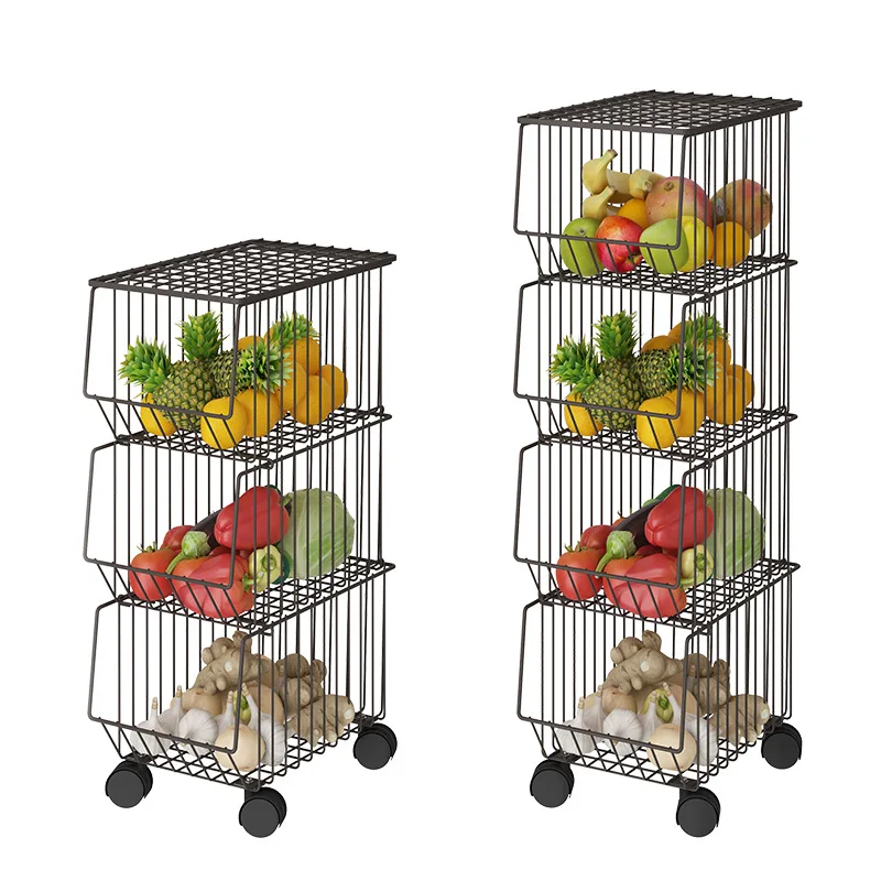 

household floor multi-layer bowls and dishes vegetables fruits sundries kitchen organizer rack removable storage trolley, Brown//white