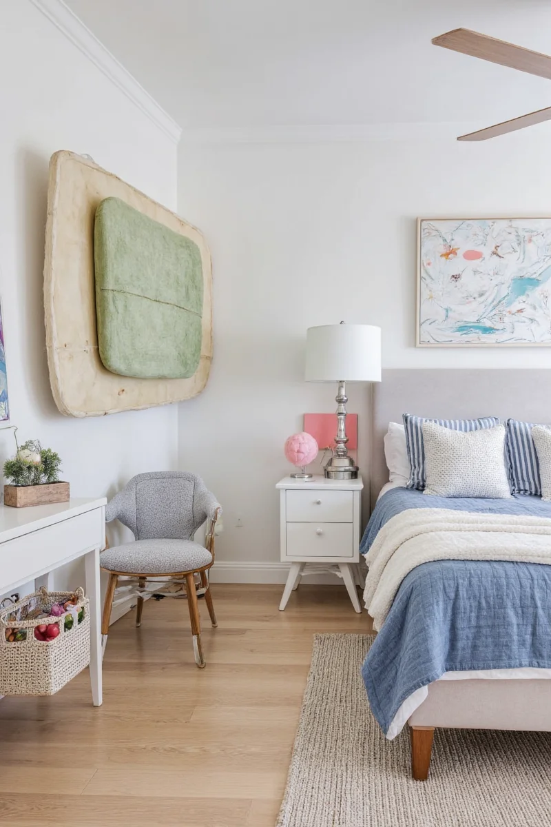 Neutral bedroom with bright accent wall