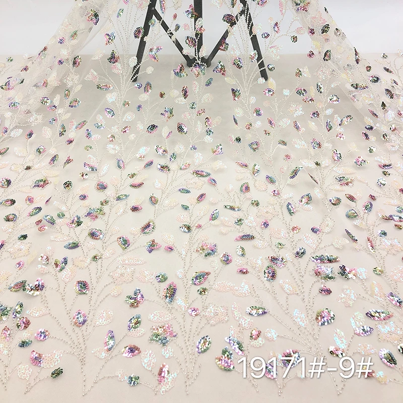 

2020 Retail and Wholesale White Party Gown Upholstery Fabric Leaf Pattern Sequin Tulle Romantic Embroidered Beaded Lace Fabric, 12 colors or customized