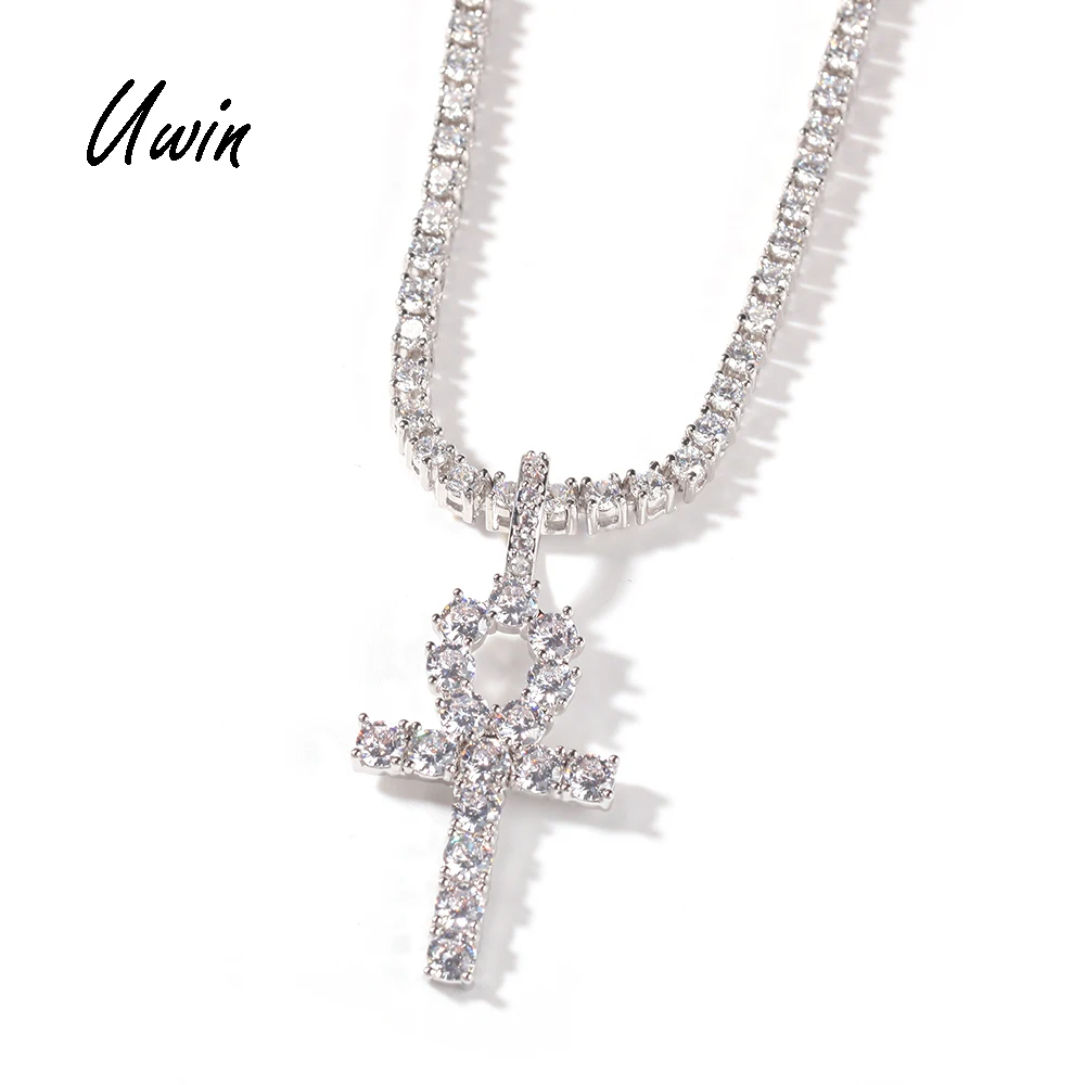 

UWIN Hip Hop 18K Gold Plated CZ Cross Ankh Pendant Necklace Iced Out Egyptian Ankh Zirconia Jeweries Ready to ship, Pink stone, gold and platinum plated