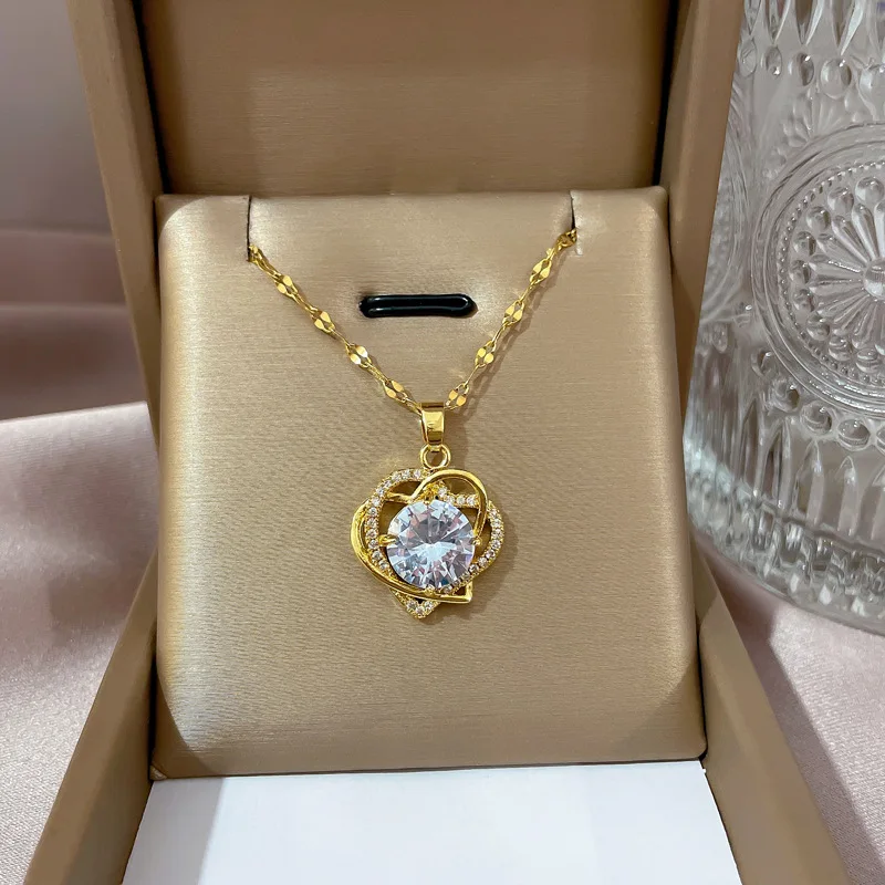 

Luxury Jewelry Micro Insert Cubic Zirconia CZ Stainless Steel Choker Necklaces 18k Gold Plated Crystal Heart Pendant Necklace