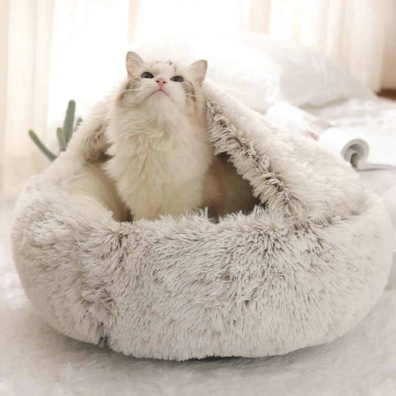 

Luxury Winter 2 In 1 Soft Cat Long Plush Round Dog Bed Eco Friendly Calming Donut Cave Cuddler