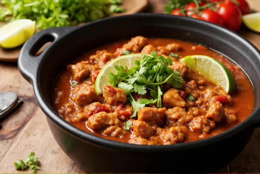 Slow cooker filled with steaming chicken chili topped with fresh cilantro and lime wedges on wooden table