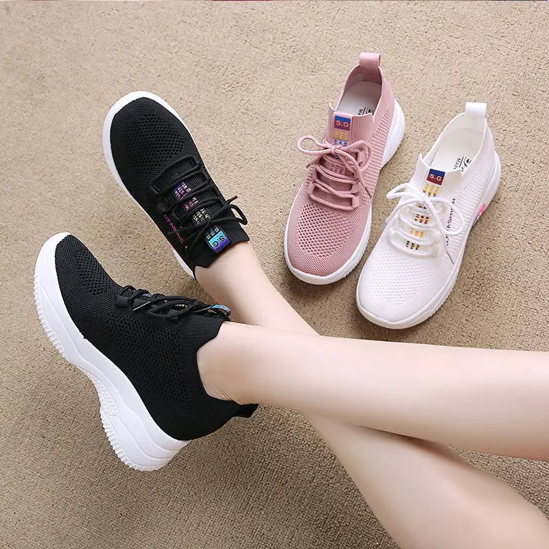 

Wholesale Trend Custom Thick Sole Casual Sneakers Breathable Walking Footwear Popular, Black, white, pink