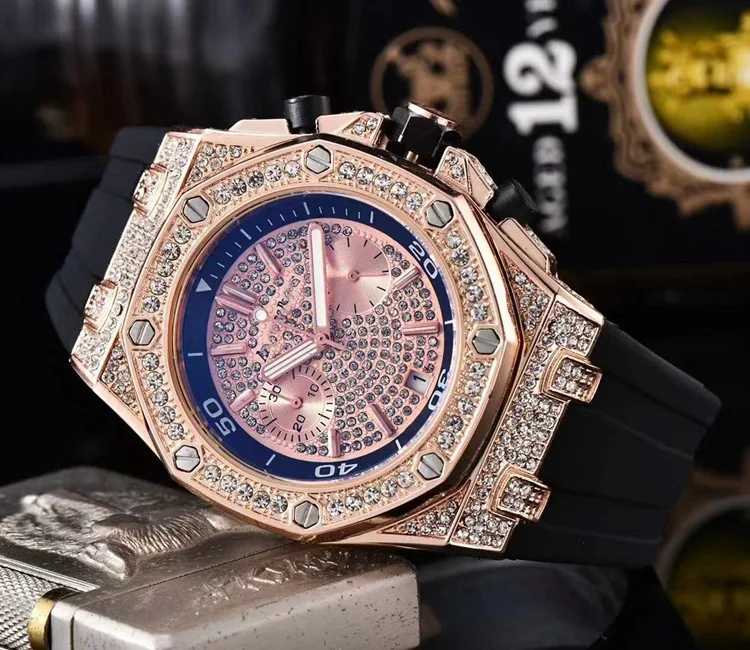 

Men's fashion hot glamour personality fashion luxury diamond quartz watch classic rubber watchband sports clock gift