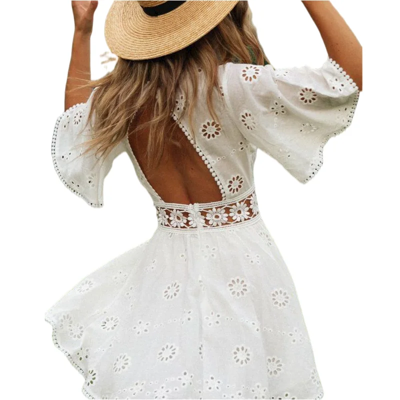 

2021 new sexy hollow cotton embroidery short-sleeved open back cross-border women's dress