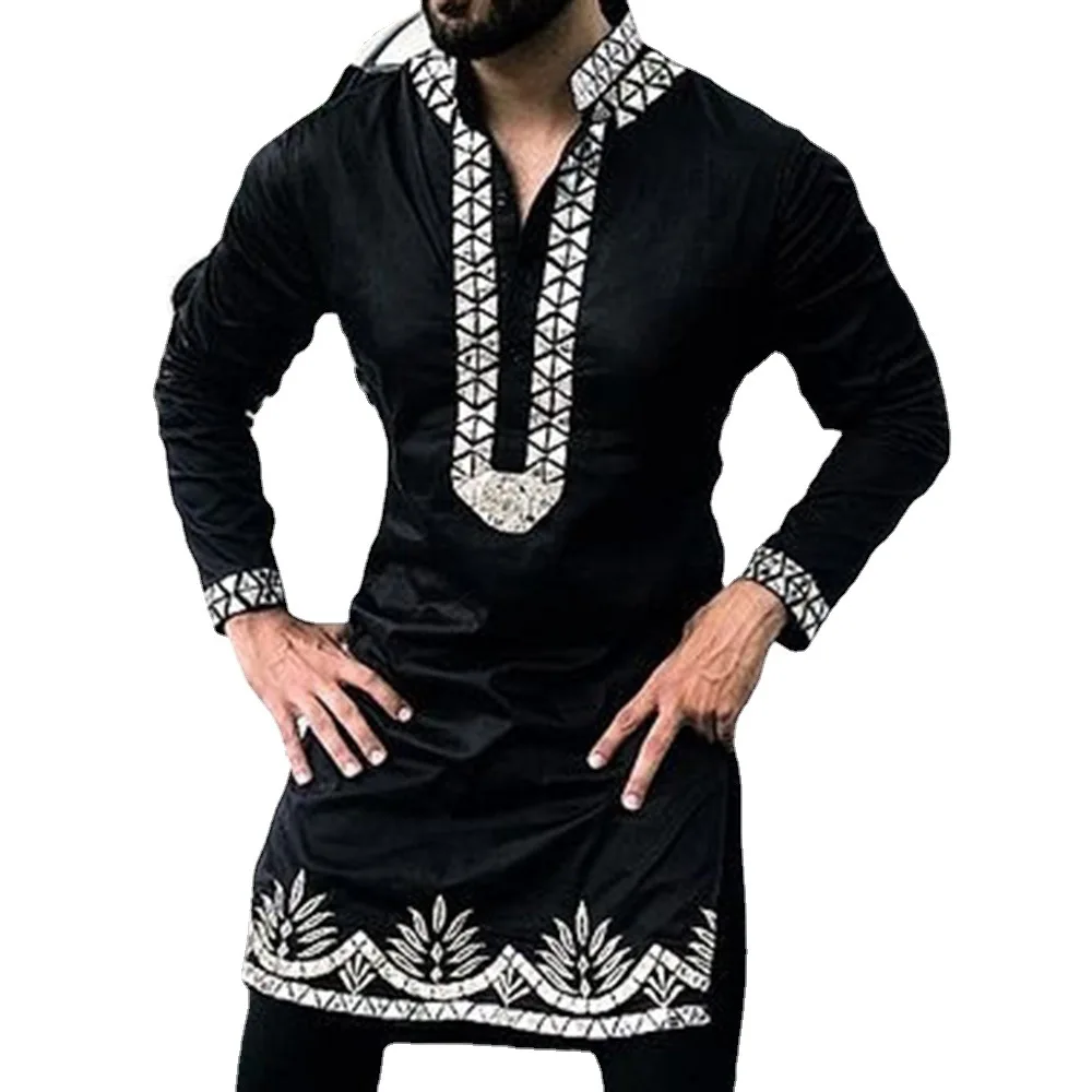 

New shirt men's stand collar casual printing black top shirt spot 1116713