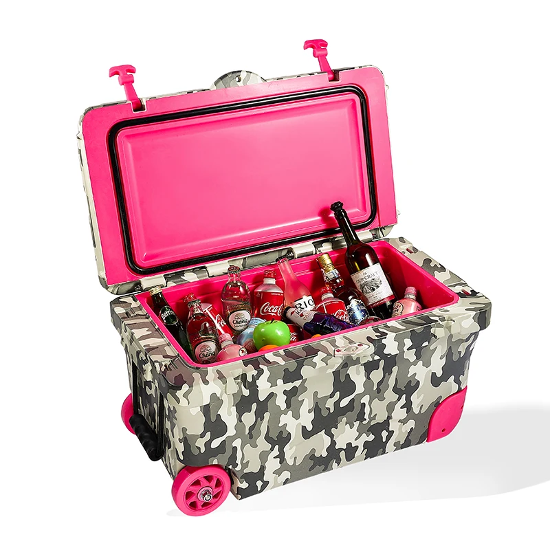 

High quality 50qt insulated coolers portable outer drink beer wine and beverage ice cooler box with pink wheels, Pink color, camouflage color
