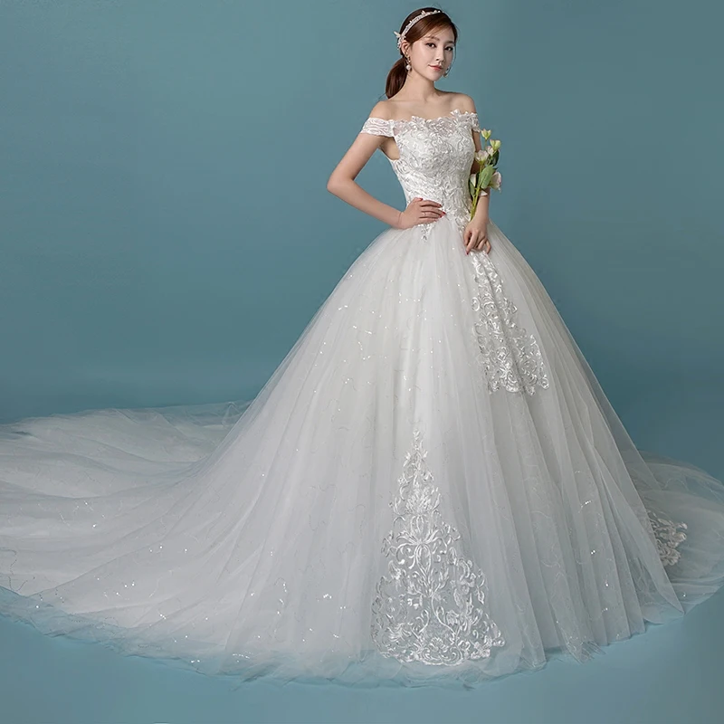 New Fashion Cheap Off-shoulder White Lace Bridal Wedding Dress With Long Tail
