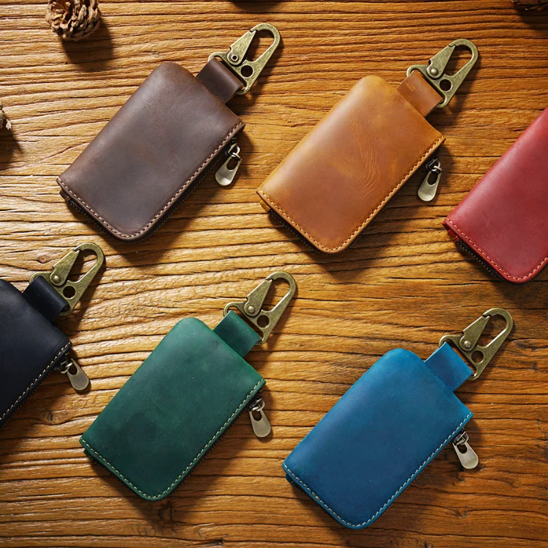 

Genuine Leather Vintage Keychain Zip Type Key Holder Organizer Pouch Cowhide Car Key Wallet Housekeeper Key Case Mini Card Bag