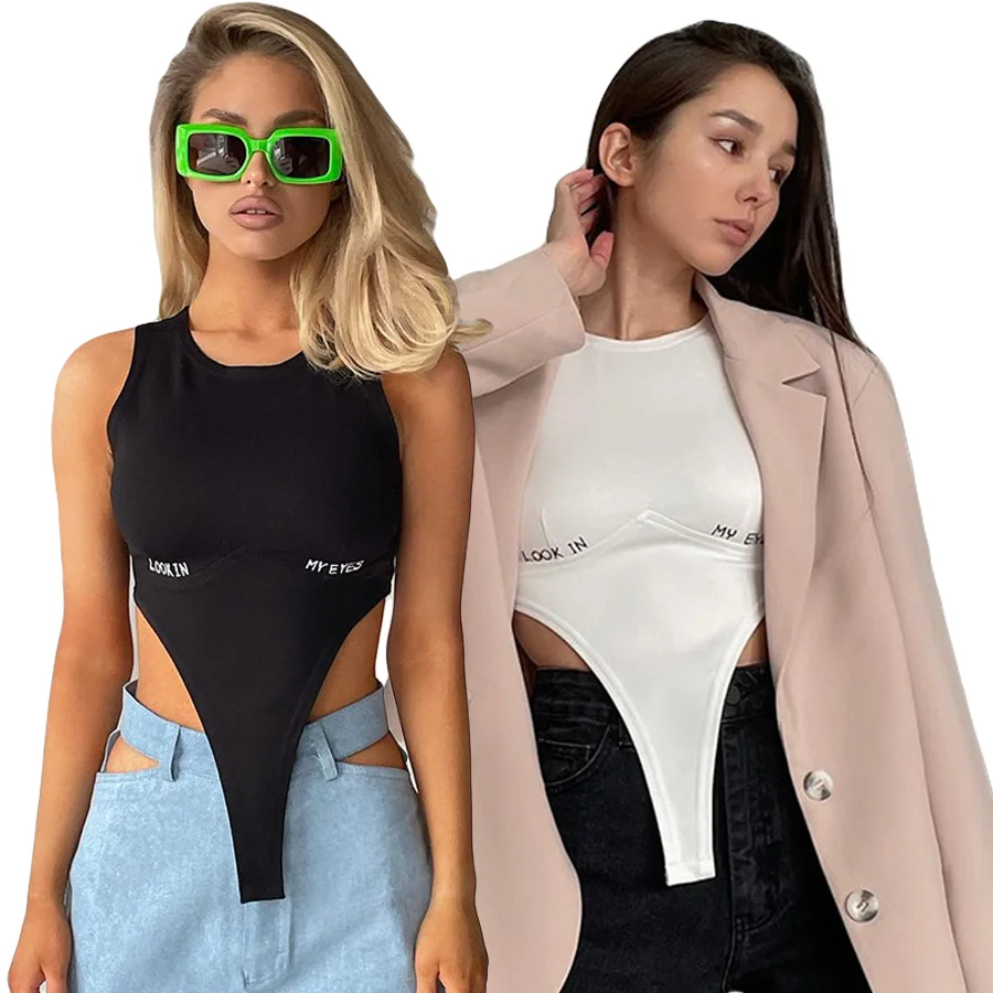 

Women Shapewear High Cut Bodysuit 2021 Summer Sexy Sleeveless Bodycon Embroidered Irregular Hem Vest One-piece Set, White,black