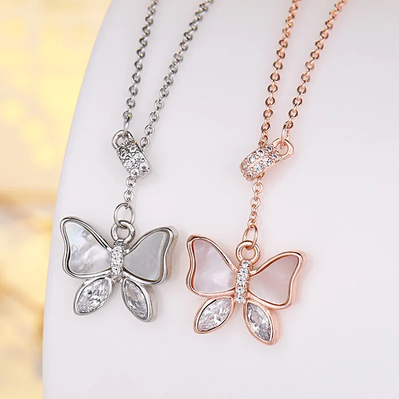 

Wholesale brand white fritillary shell fashion women zircon pendant chain charms butterfly necklace, Gold/silver/rose gold