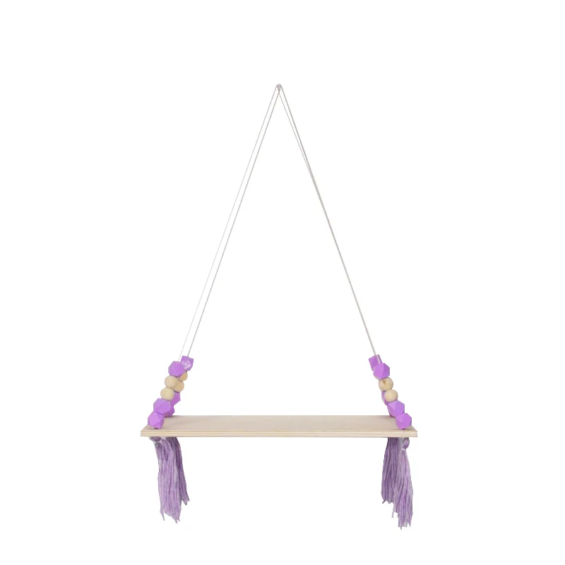 

Boho macrame decorative plant hangers kids room wooden decor wall toy organizer storage swing shelf with tassel and beads, Purple,pink,yellow,white,grey