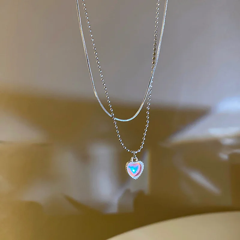 

Factory Price Silver Plated Double Layers Metal Beaded Chain Necklace Vintage Opal Stone Love Heart Pendant Necklace For Ladies
