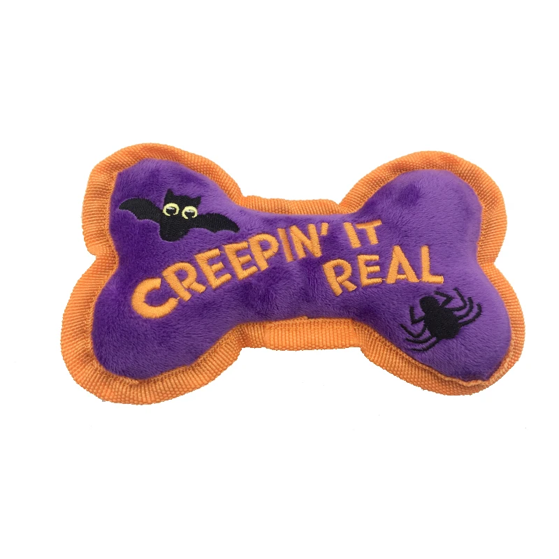 

2021 New arrival Custom Halloween Design Bat Spider Chew Squeaker Bone Dog Plush Toy, Picture
