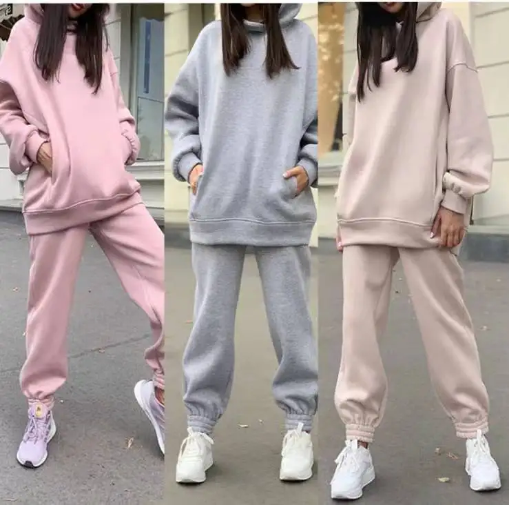 

9827 Fashion winter Hoodie Sport Outfit Custom Tracksuit with fleece For Women Hooded Two Piece Pants Set Solid Color Sweat Suit, As picturers show