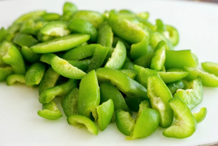 Close-up of green pepper pieces arranged in uniform dice on white cutting board