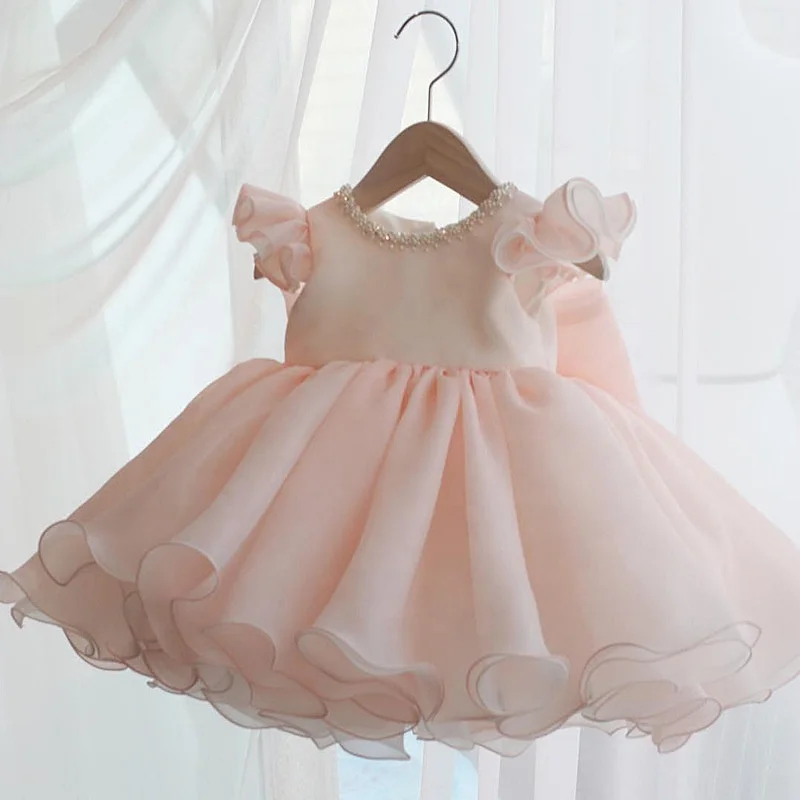 

Light Pink Organza Made Baby Birthday Wear Party Gown Flower Girl Dresses 2021, Picture color